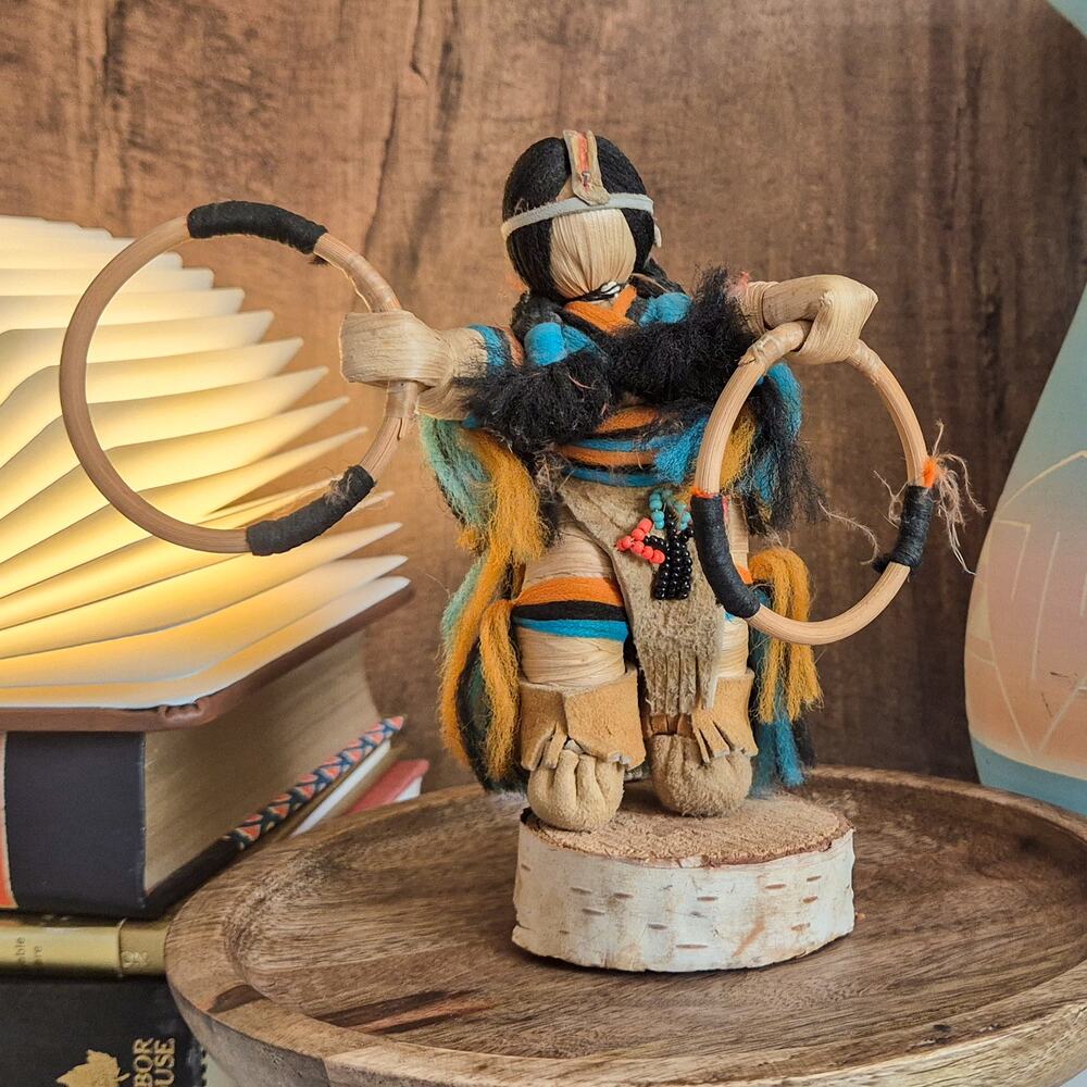 Vintage Indigenous Corn Husk Hoop Dancer Figurine Handmade Folk Art Sculpture